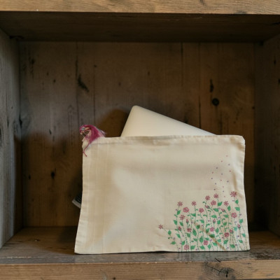 Natural Jute Laptop Case with Hand-Painted Flower Garden Motif