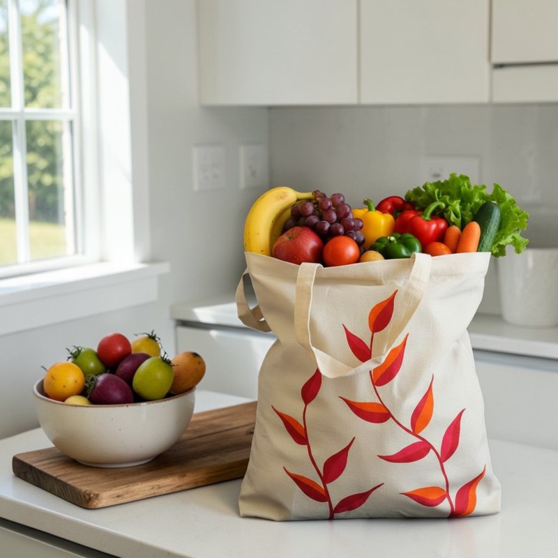 Hand-Painted Cotton Shopping Tote Bag – Leaf Design