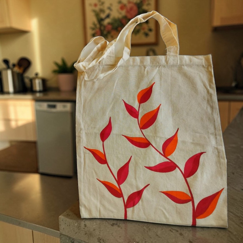 Hand-Painted Cotton Shopping Tote Bag – Leaf Design